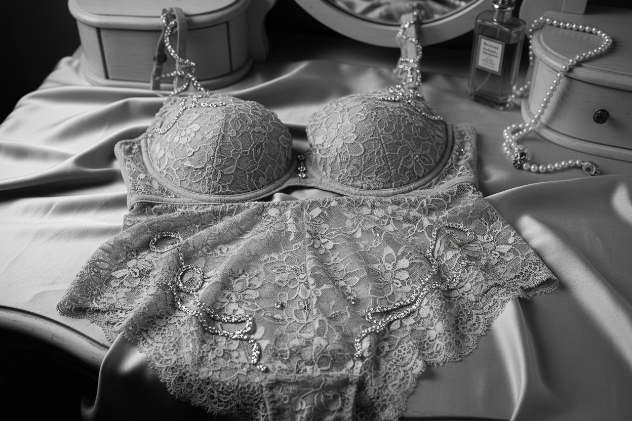 Luxurious black and white lace lingerie with diamonds